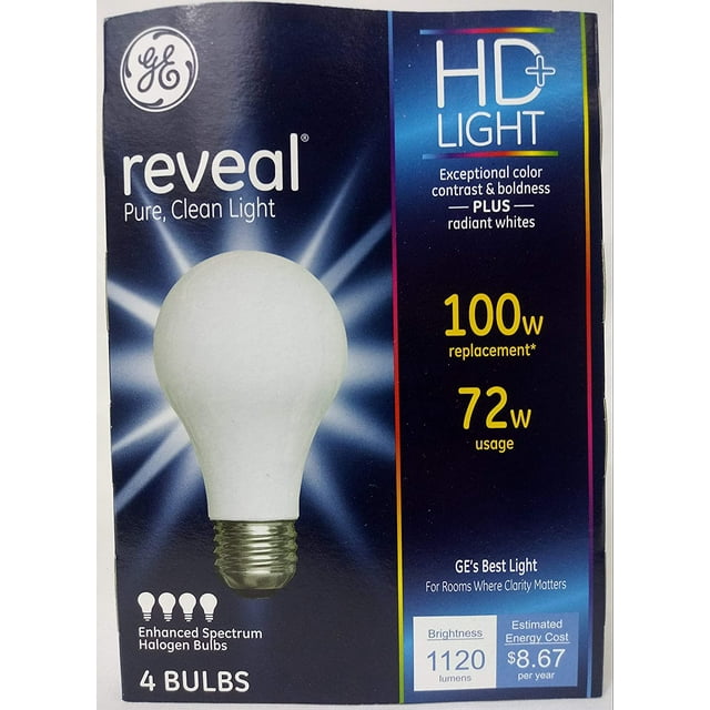 GE 67774 Reveal Halogen Light Bulbs, Soft White, 72Watts, 4Pk