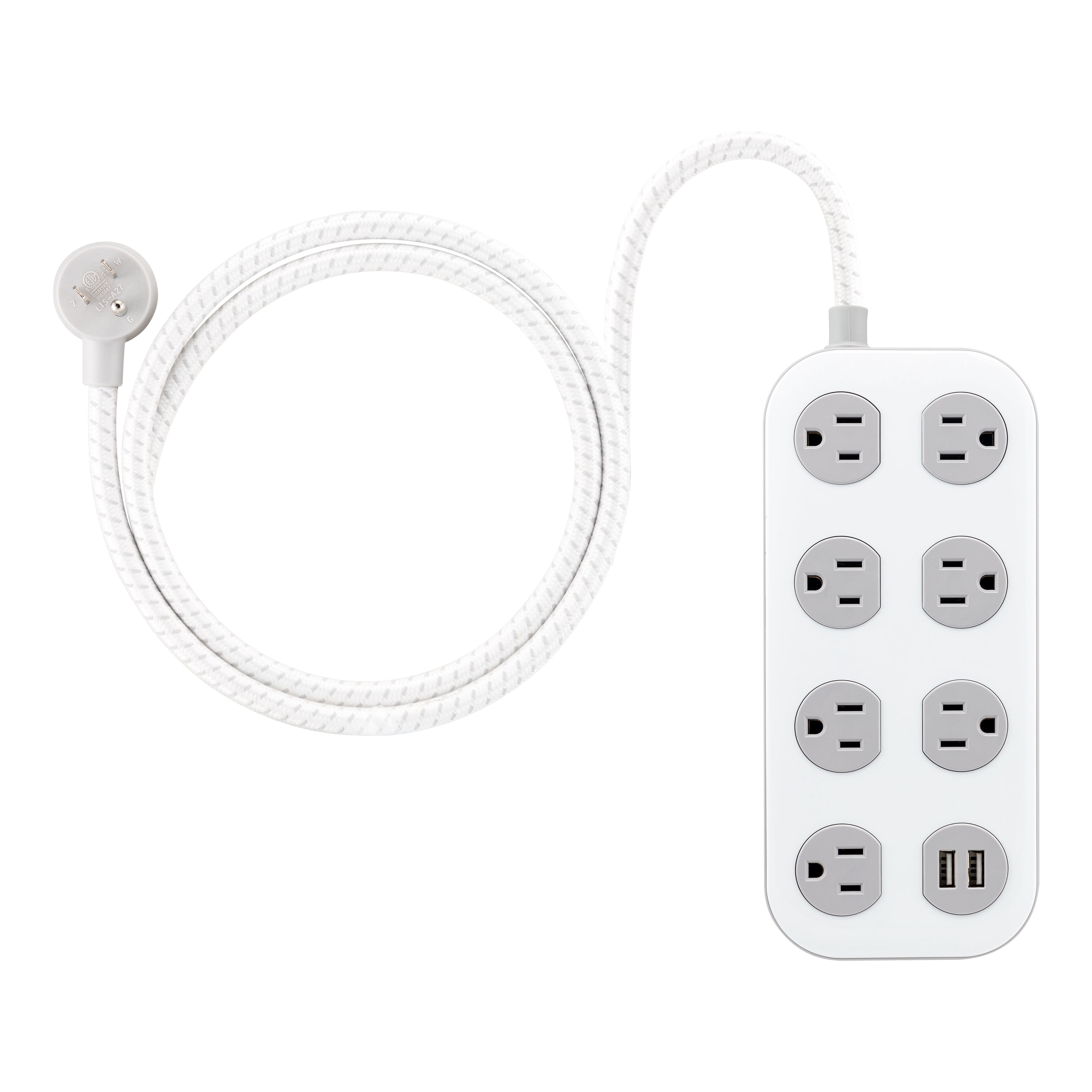 GE 7‑Outlet Surge Protector Power Strip, 2 USB‑A Ports, 1470J, 4ft Braided Cord, White/Gray