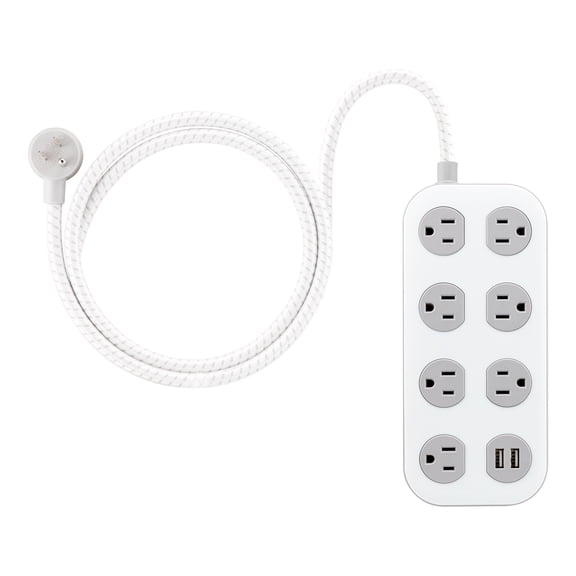 GE 7‑Outlet Surge Protector Power Strip, 2 USB‑A Ports, 1470J, 4ft Braided Cord, White/Gray
