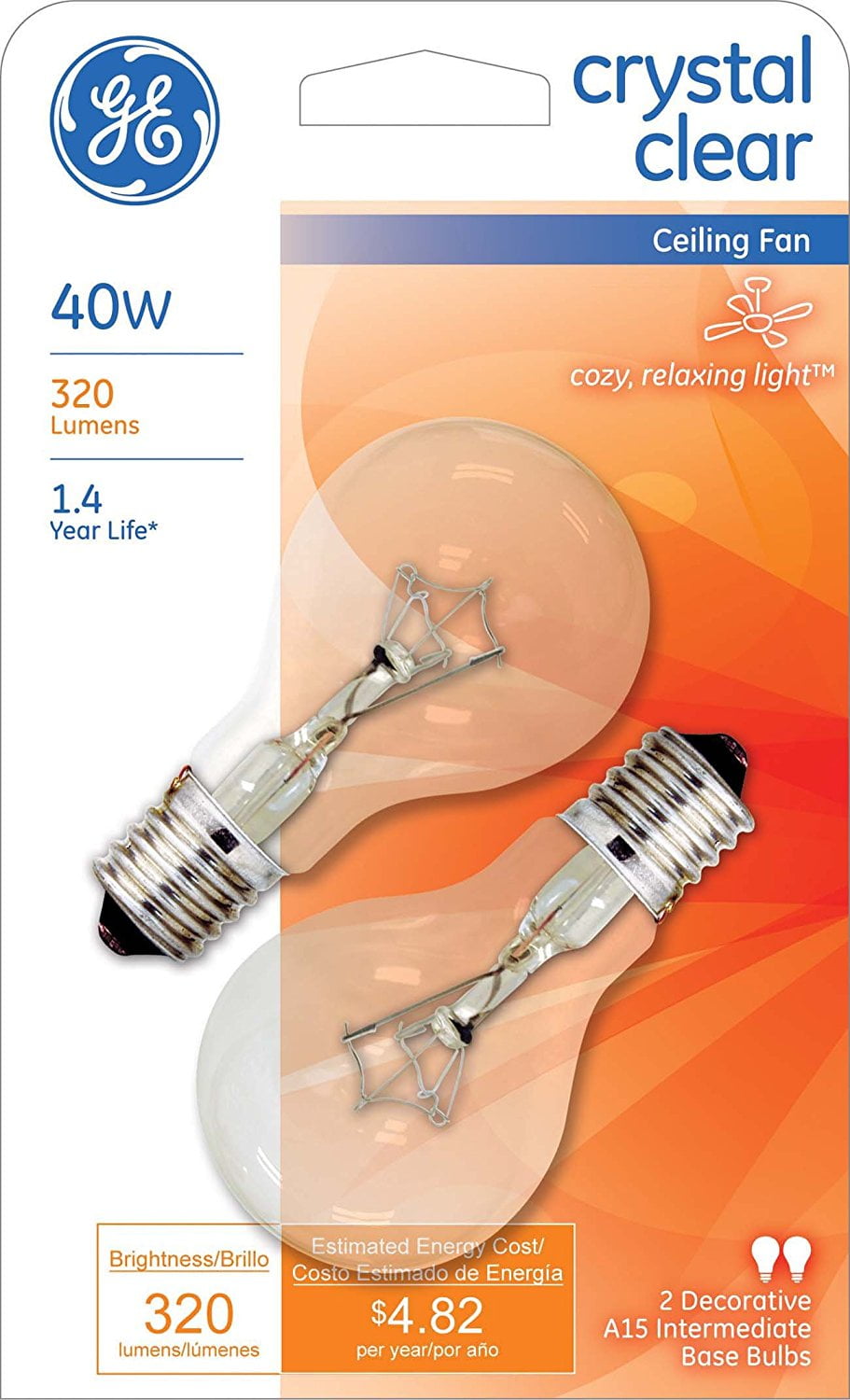 GE 74037 Intermediate Base A15 Ceiling Fan Bulb, Crystal Clear, 40W, 2-Pack, Each
