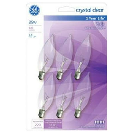 GE 75223 Decorative Light Bulb, Candle Shape, Candelabra Base, 25 Watt, 6-Pk