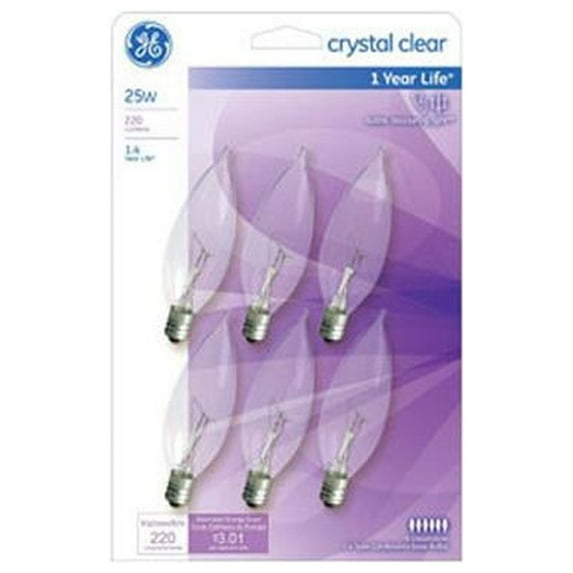 GE 75223 Decorative Light Bulb, Candle Shape, Candelabra Base, 25 Watt, 6-Pk