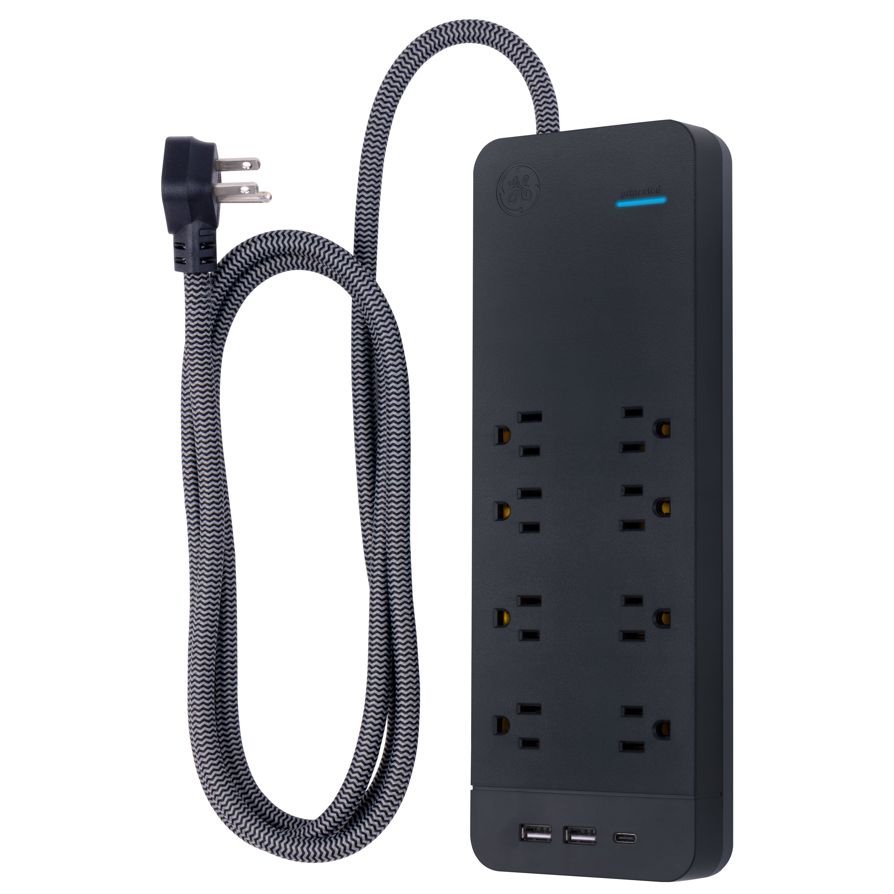 GE 8 Outlet, 2 USB-A, 1 USB C Surge Protector with 6 ft. Designer Braided Extension Cord, Black