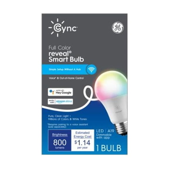 GE 800 Lumen A19 Shape Medium Base Cync Reveal Full Color LED Smart Light Bulb - 9.5W