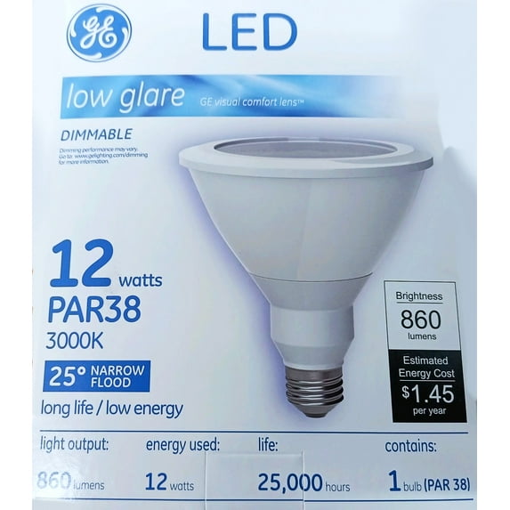 GE 84463 LED low glare PAR38, 12 watt, Dimmable, 860 lumens, 3000K, LED Narrow Flood Light Bulb with visual comfort lens