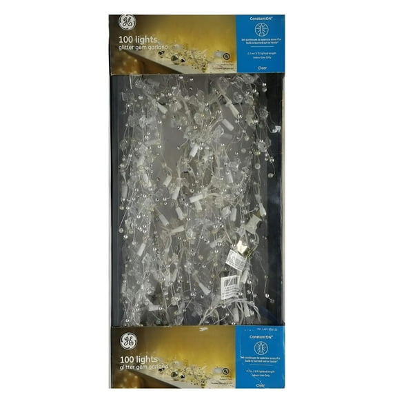 GE 9 ft Glitter Gem Garland Christmas Holiday Decoration Lights with 100 Constant On Clear Bright Indoor Lights