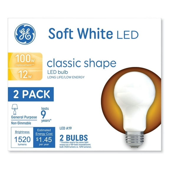 GE 93109188 12 Watts A19 Classic LED Non-Dim Light Bulb - Soft White (2/Pack)
