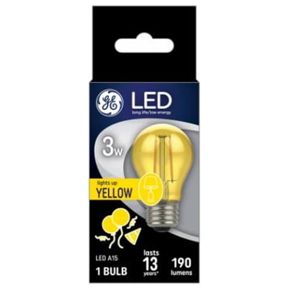GE 93116860 LED Yellow Light Bulb, A15 Shape, Medium Base, 190 Lumens, 3 Watt - Quantity 1