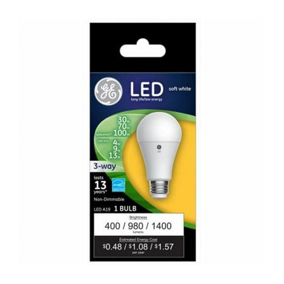 GE 93126861 LED 3-Way Light Bulb, Soft White, A19 Medium Base, 4/9/13 Watt - Quantity 1