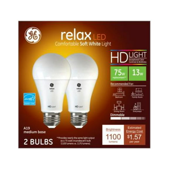 GE 93127613 Relax HD LED Light Bulbs, Soft White, 1100 Lumens, 13 Watt, 2-Pk. - Quantity 1