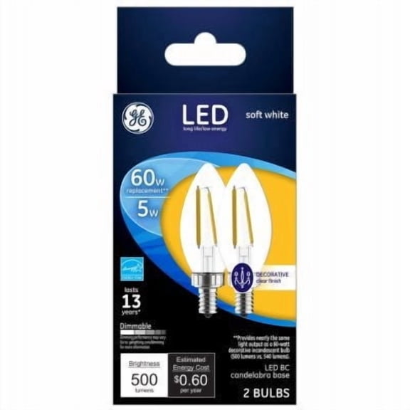 GE Decorative LED Light Bulbs, Soft White, Clear, 500 Lumens, 5-Watts, 2-Pk.