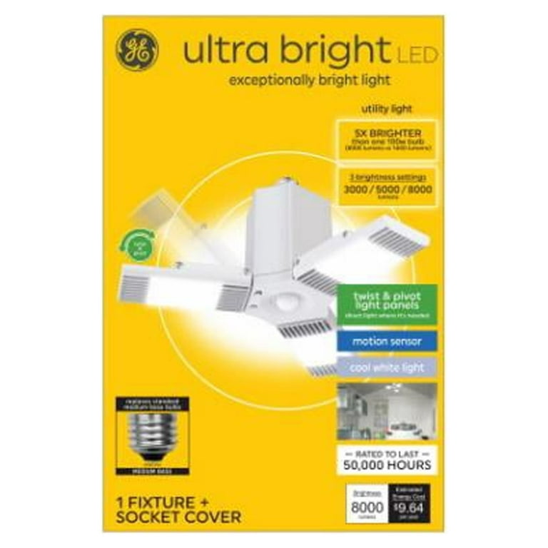 GE 93129815 Ultra Bright LED Utility Light Fixture, 3 Twist & Pivot Panels,  Medium Base, Motion Sensor, Coo - Quantity 6
