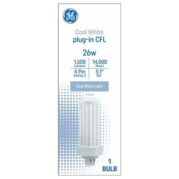 GE 93130292 3-Tube CFL Light Bulb, 4-Pin Base, Cool White, 1800 Lumens, 26 Watt - Quantity 6
