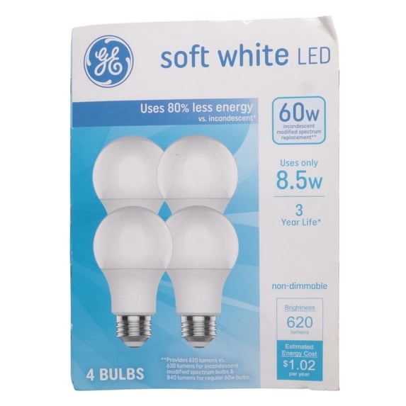 GE Soft White LED 8.5W (60W Replacement) Non-Dimmable Bulb 2700K 620Lm 4pk