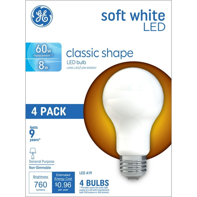 GE 99190 8 Watts A19 Classic LED Non-Dim Light Bulb - Soft White (4/Pack)