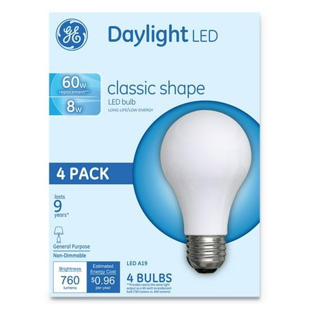 GE 99192 GE 8W LED Daylight A19 Bulb - Equivalent to 60W Non-Dimmable Clear