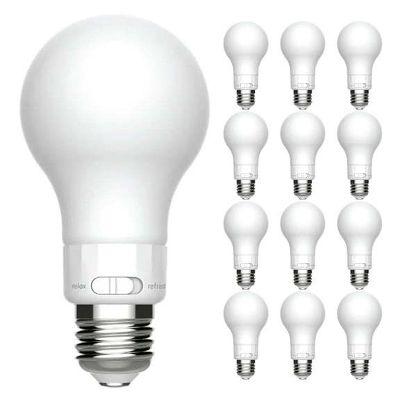 GE A19 LED Bulbs, 60W Equivalent, 2CCT Color Select Relax Soft White Refresh Daylight, Enclosed Fixture Rated, 8W, 800 Lumens, Glass, Dimmable, UL Listed, E26 Medium Base 12 Pack
