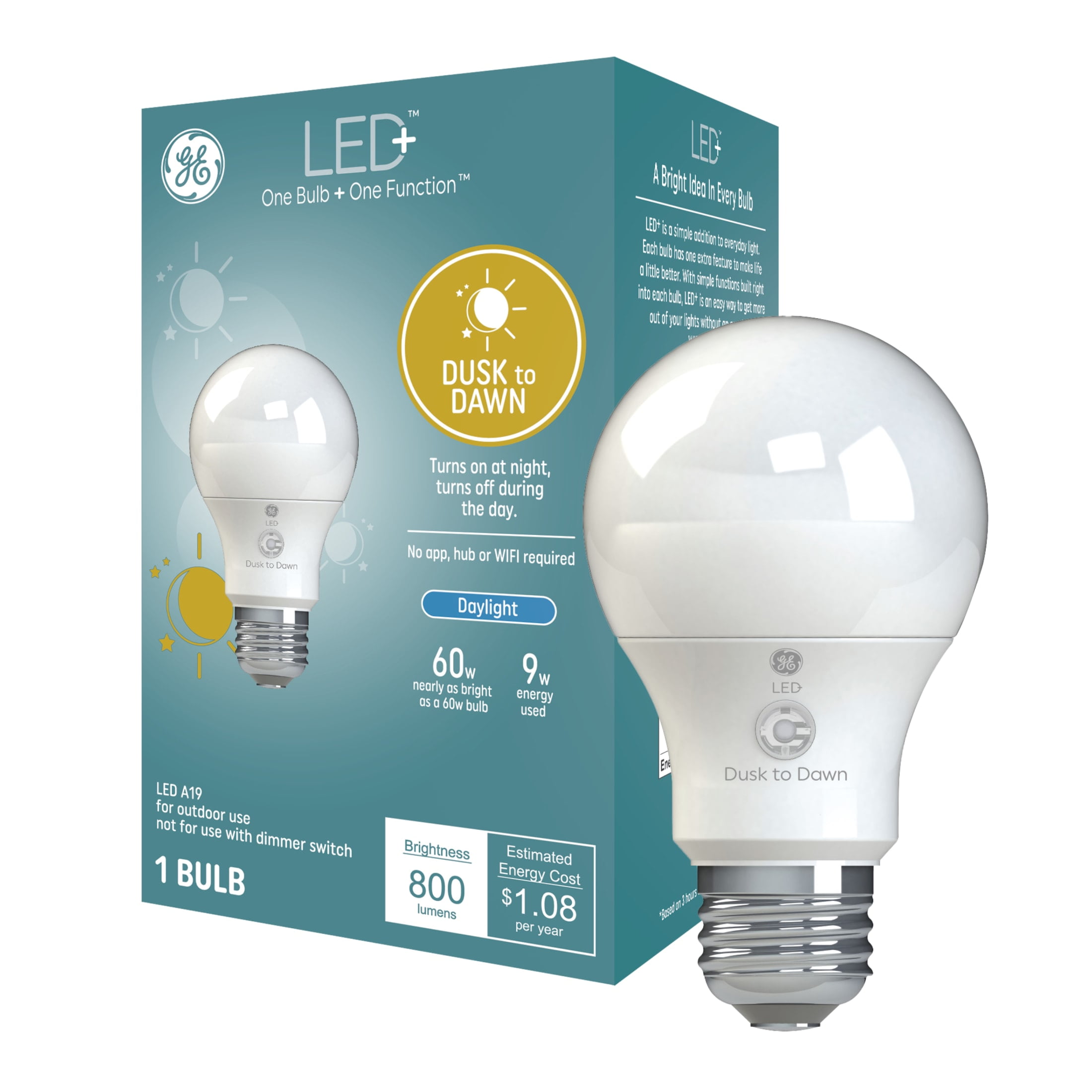 GE LIGHTING GE A19 LED+ Dusk to Dawn LED Light Bulb, 60 Watts, Daylight, Medium Base, 1pk