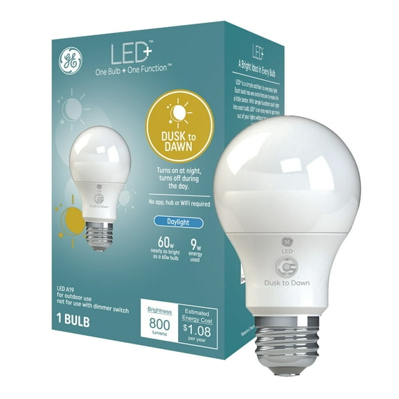 GE A19 LED+ Dusk to Dawn LED Light Bulb, 60 Watts, Daylight, Medium Base, 1pk
