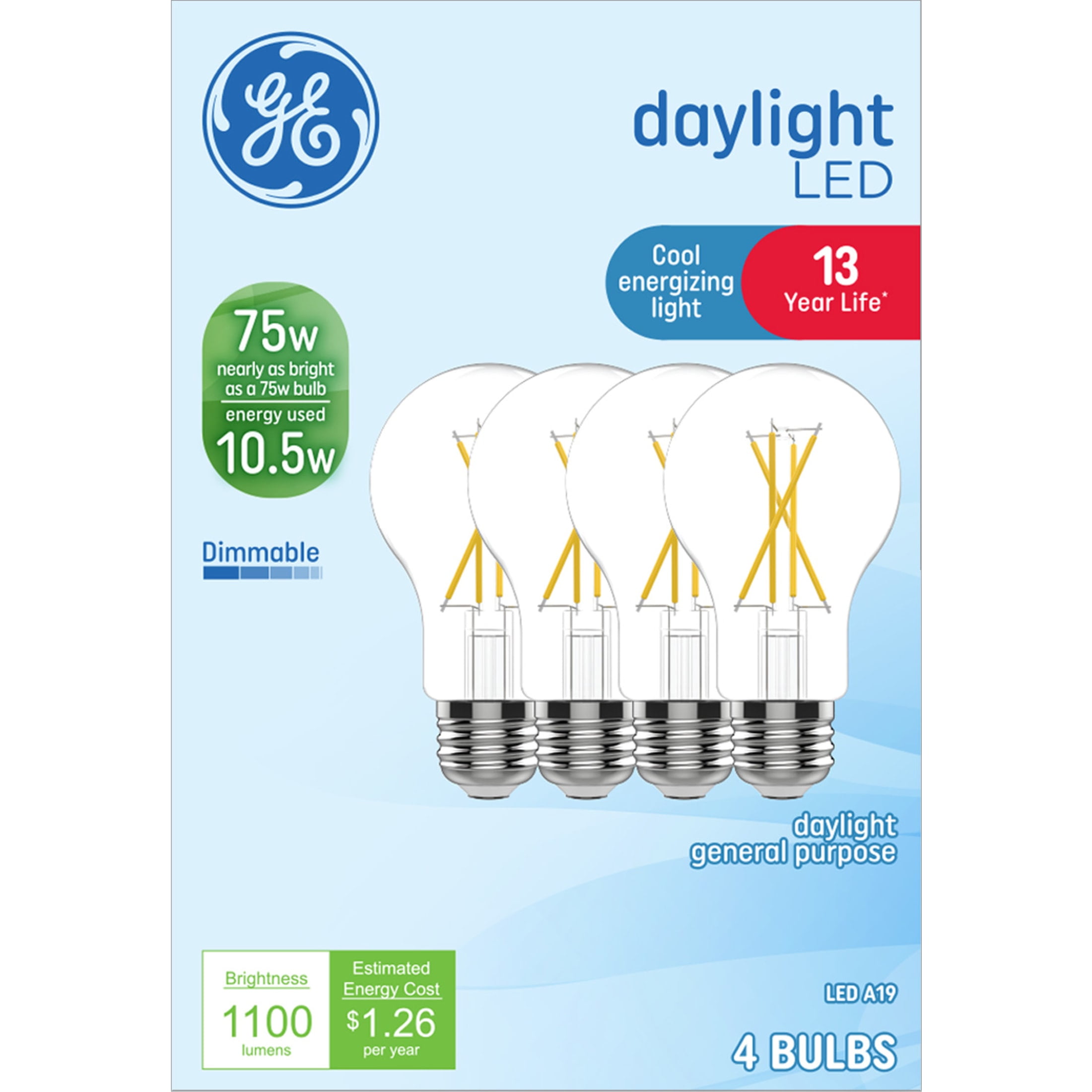 GE A19 LED Light Bulbs, 75 Watts, Daylight, 13yr, 4pk CEC - Walmart.com