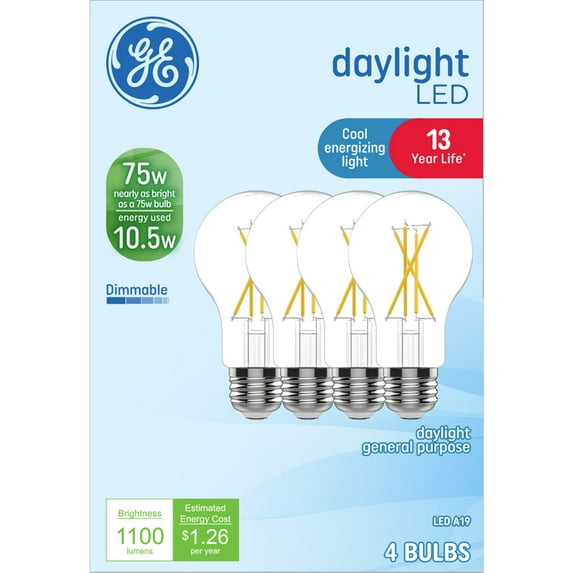 GE A19 LED Light Bulbs, 75 Watts, Daylight, 13yr, 4pk CEC