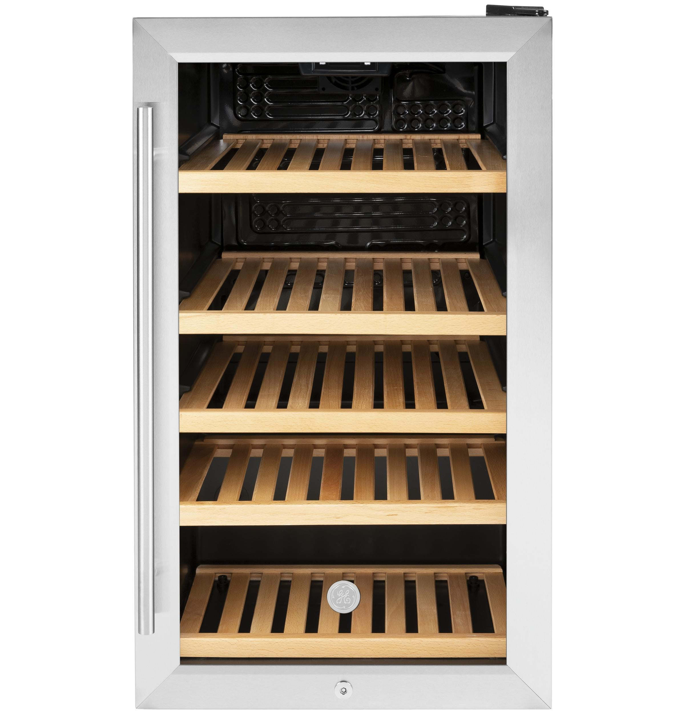 Stainless Steel Freestanding Beverage Refrigerator with Oak Shelves