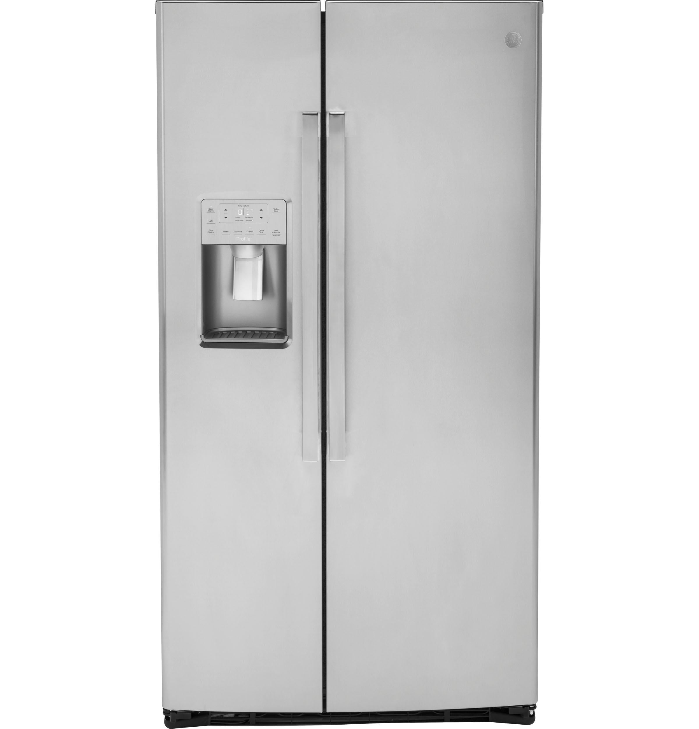 GE PZS22MYKFS 36 Inch Freestanding Counter Depth Side by Side Refrigerator with 22.1 cu. ft. Capacity, 4 Glass Shelves, External Water Dispenser, with Door Lock, Crisper Drawer, Ice Maker, Frost Guard