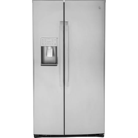 GE PZS22MYKFS 36 Inch Freestanding Counter Depth Side by Side Refrigerator with 22.1 cu. ft. Capacity, 4 Glass Shelves, External Water Dispenser, with Door Lock, Crisper Drawer, Ice Maker, Frost Guard