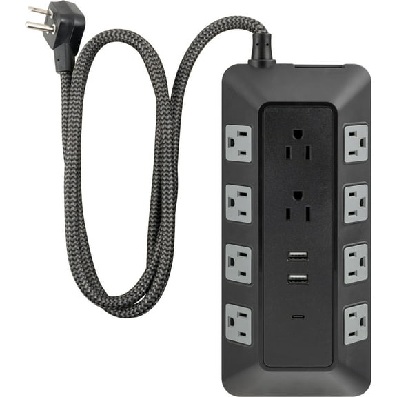 GE Adapt 10-Outlet Surge Protector, 2 USB-a Ports, 12W, 1 USB-C Port, Turtle, 4ft, Black