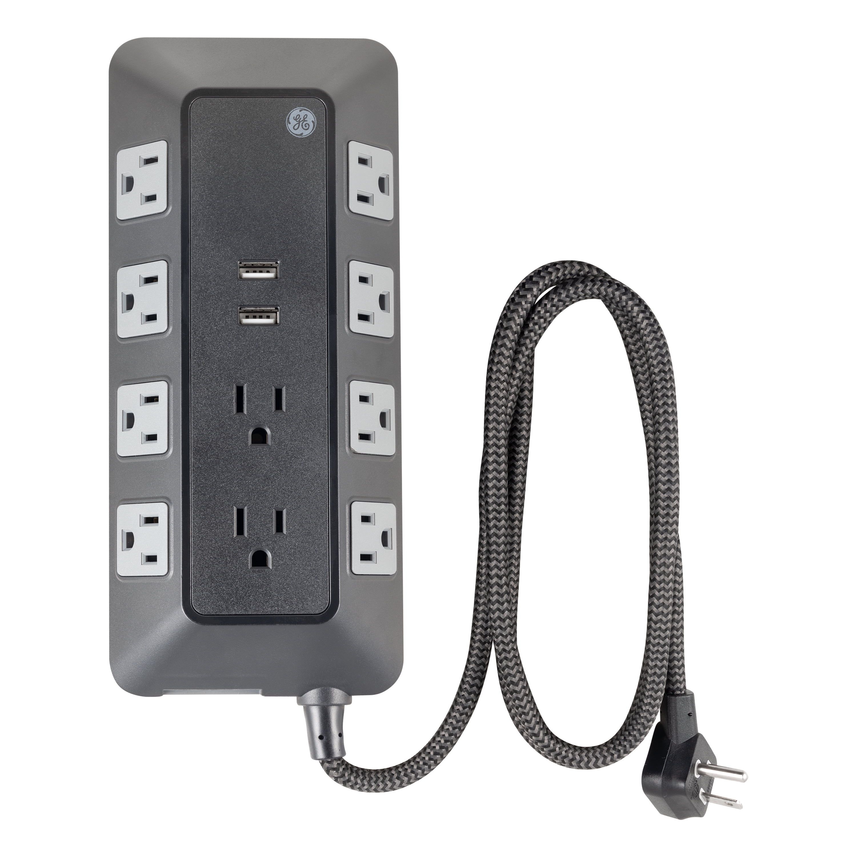 GE Adapt 10Outlet Surge Protector Power Strip, USB Hub, 4ft Braided Cord, Black