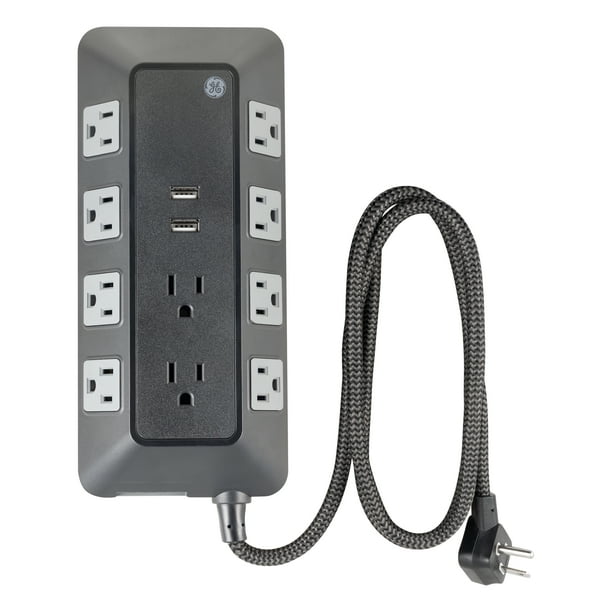 GE Adapt 10Outlet Surge Protector Power Strip, USB Hub, 4ft Braided Cord, Black