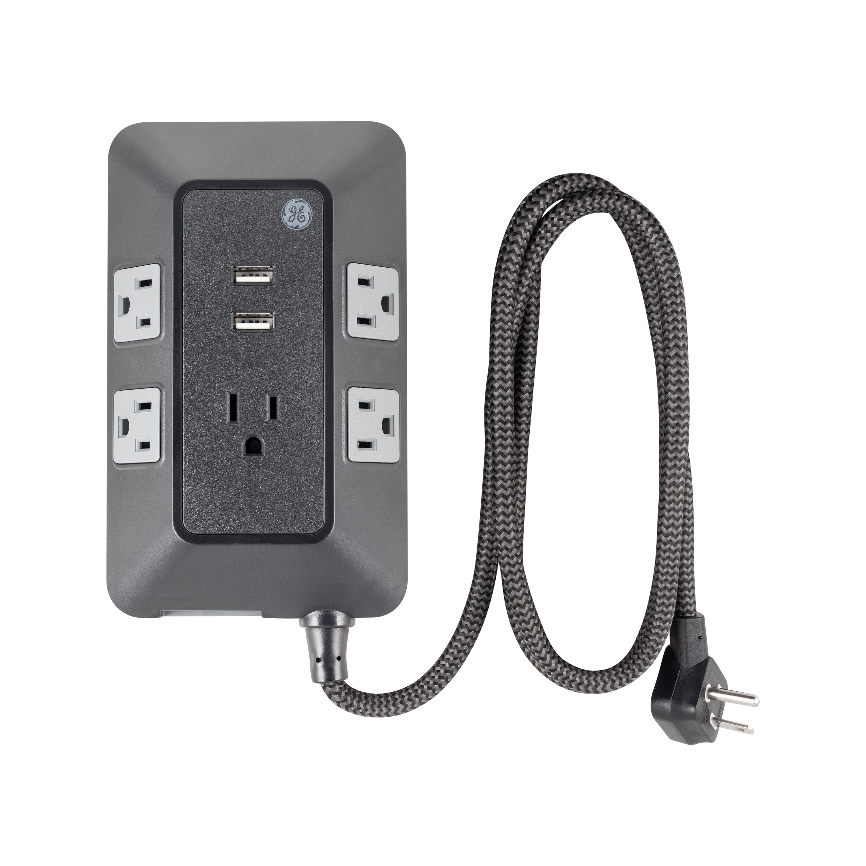 GE Adapt 5Outlet Surge Protector Power Strip, USB Hub, 3ft Braided Cord, Black