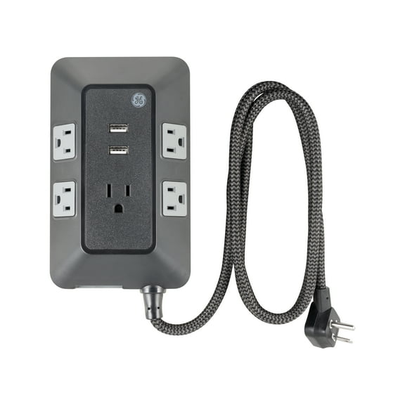 GE Adapt 5-Outlet Surge Protector Power Strip, USB Hub, 3ft Braided Cord, Black