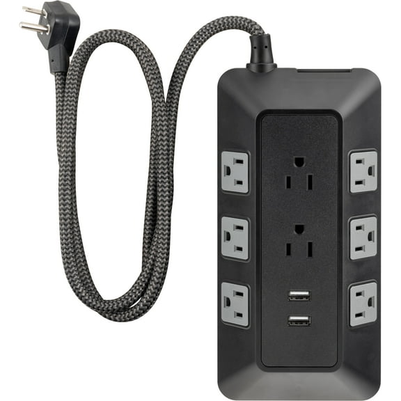 GE Adapt 8-Outlet Surge Protector with USB, Turtle, 1780J, 2 USB-a Ports, 2.4a, 3ft Braided Cord, Black