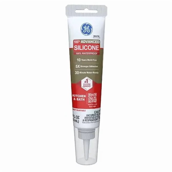 GE Advanced Silicone Kitchen & Bath Sealant, 1, White 2.8 oz Squeeze Tube