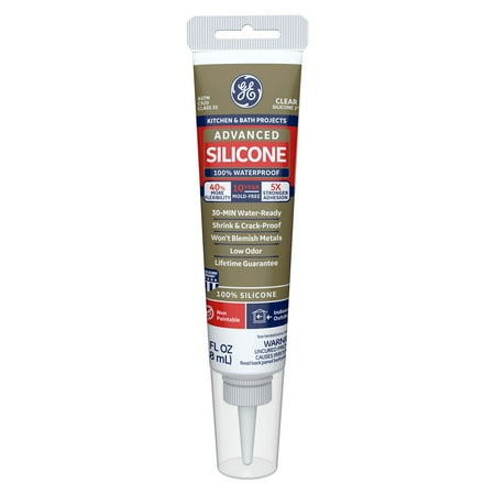 GE Advanced Silicone Kitchen & Bath Sealant, Clear 2.8 oz Squeeze Tube