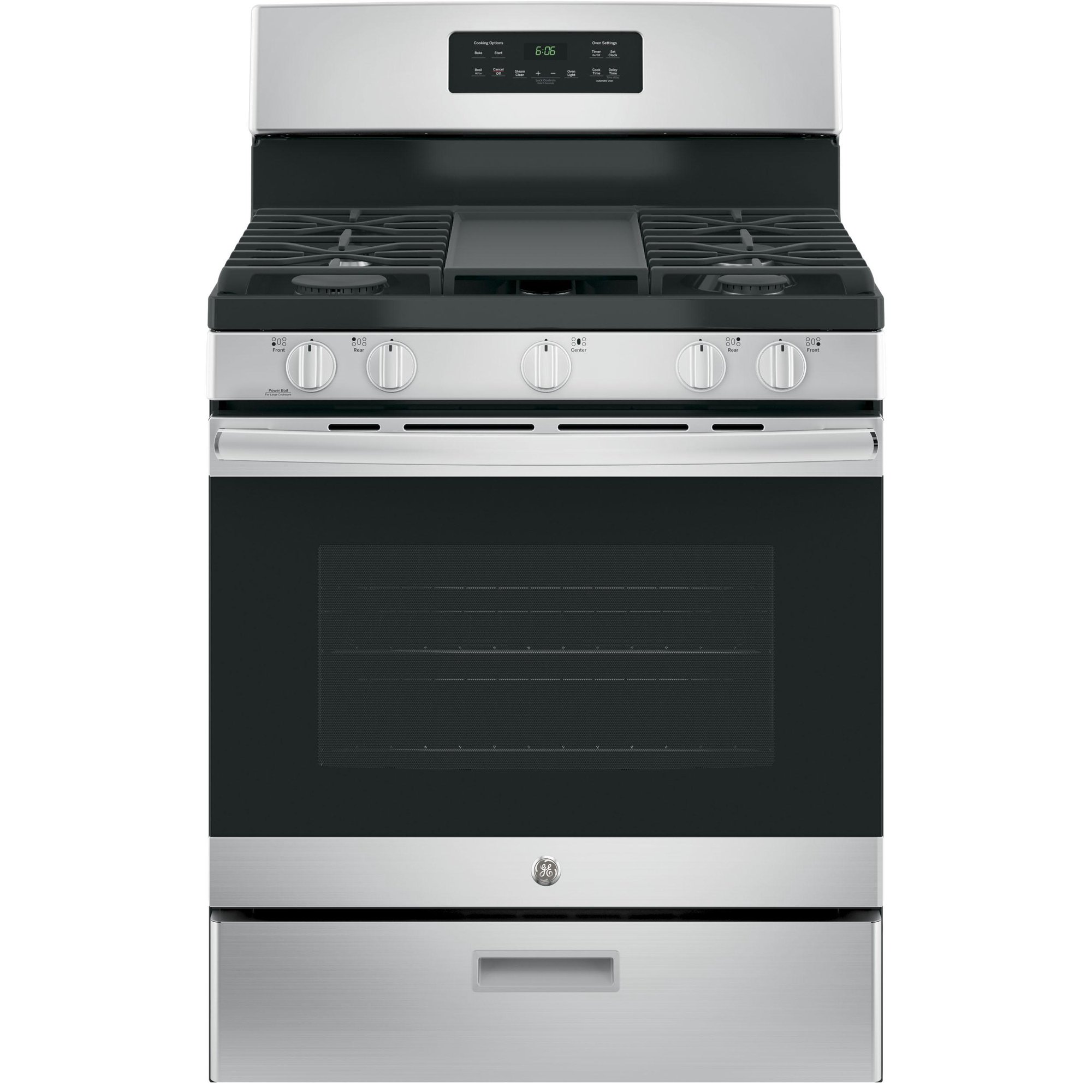GE® Appliances 30 Free-Standing Gas Range model JGBS66REKSS in Stainless  Steel. Edge-to-edge cooktop, Extra-large integrated non-stick griddle,  15,000 BTU Power Boil Burner. Dimensions: 47 1/4 Height x 30 Width x 28 3/4