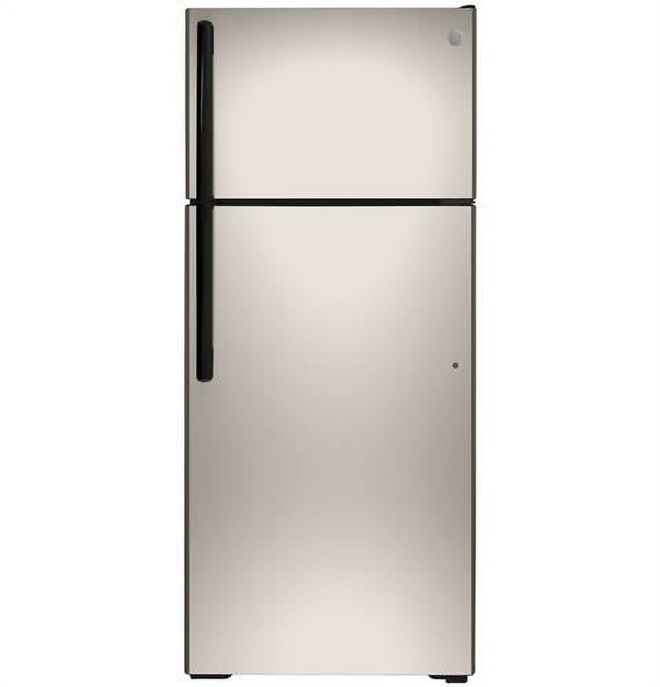 GE® Appliances Energy Star® 17.5 cu. ft. Top-Freezer Refrigerator model GTE18DCNRSA in Silver.