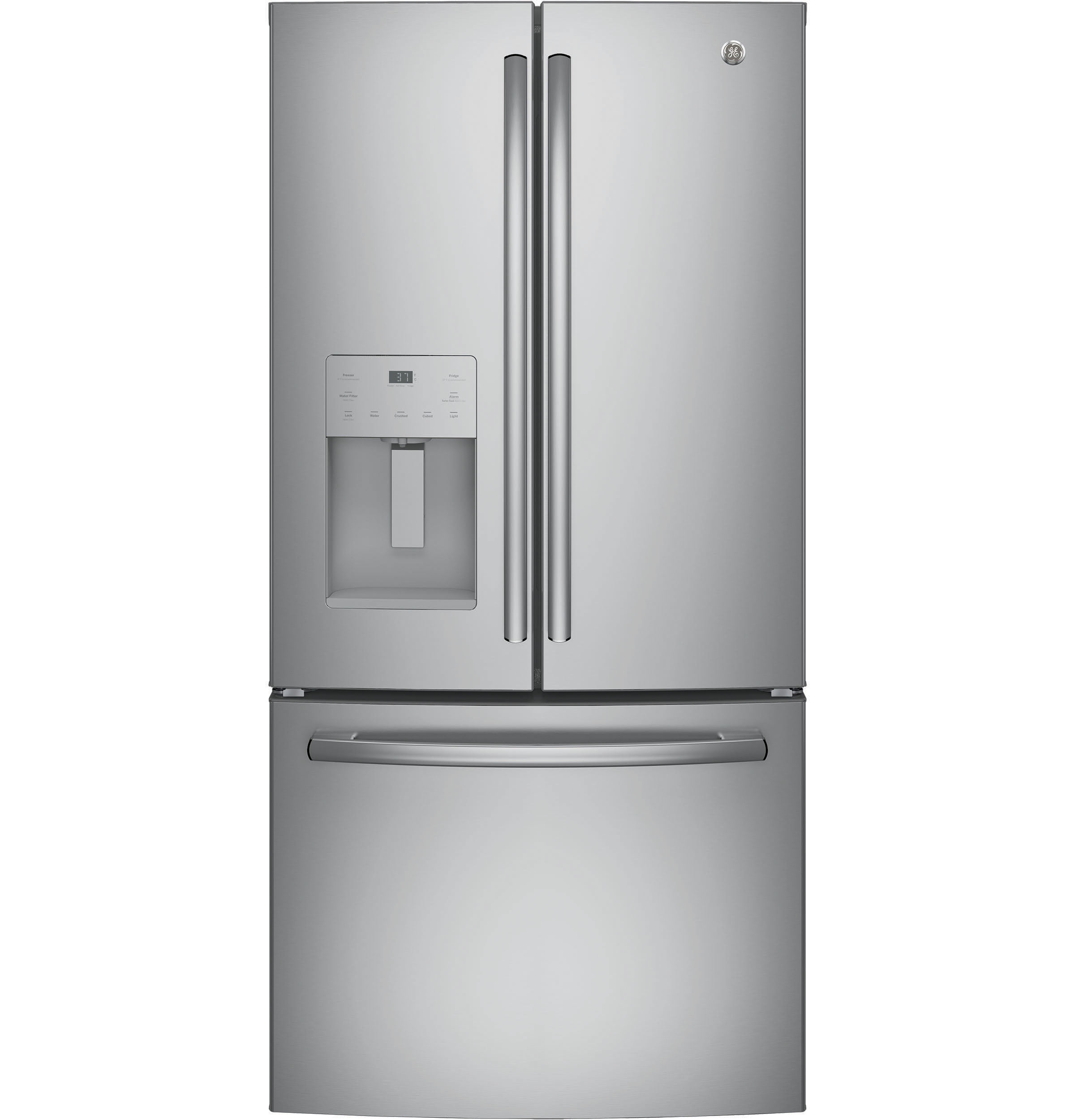 GFE24JSKSS 33 Energy Star Qualified French-Door Refrigerator with 23.8 Cu. Ft. Capacity  External Ice and Water dispenser  2 Humidity-controlled drawers  Turbo Cool setting and Advanced wate