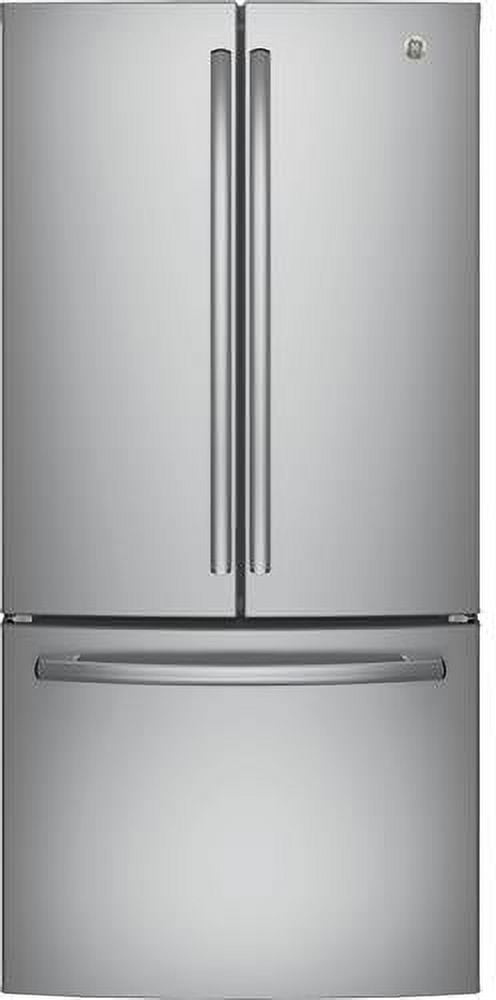 "GE Stainless Steel GWE19JSLSS 33"""" French Door Refrigerator with 18.6 cu. ft. Capacity Counter Depth Design LED Lighting Factory Installed Ice Maker and Turbo Cool Setting in Stainless Steel"