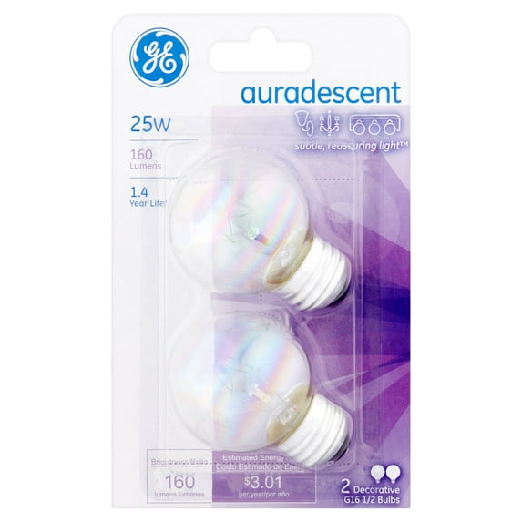 GE Auradescent 25W Decorative G16 1/2 Bulbs, 2 count