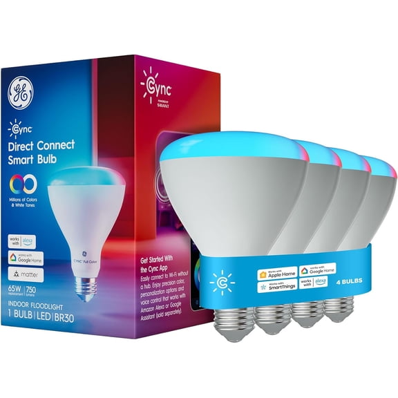 GE BR30 LED Smart Light Bulbs, Indoor Floodlight Bulb, Color Changing Room Decor, WiFi Lights, Compatible with Alexa and Google Home, Matter Compatible (4 Pack)