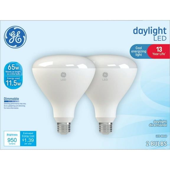 GE BR40 LED Light Bulbs, 65 Watt, Daylight, Indoor Floodlights, Medium Base, Frosted Finish, 13yr, 2pk