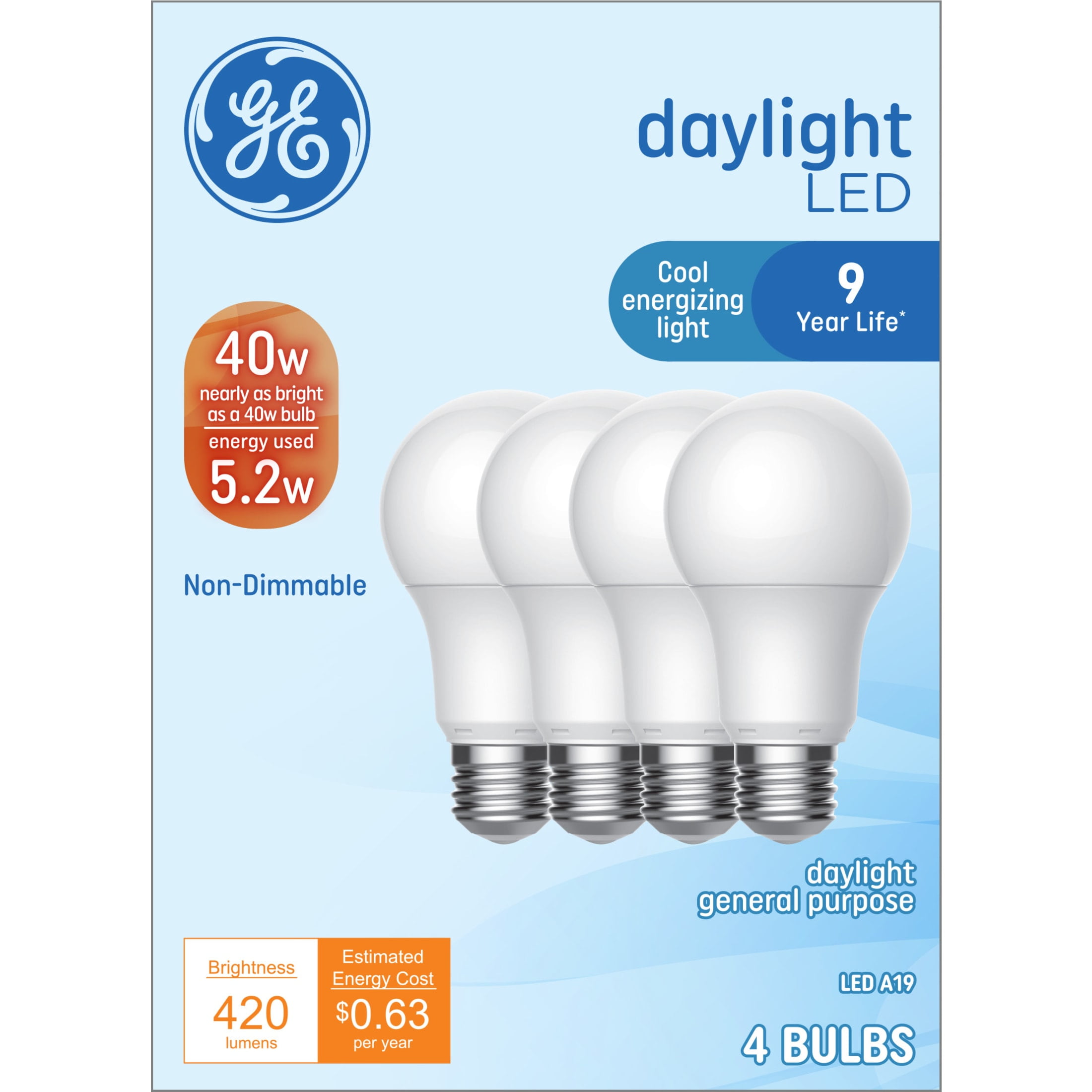 GE Basic LED 40 Watt Replacement, Daylight, A19 General Purpose Bulbs