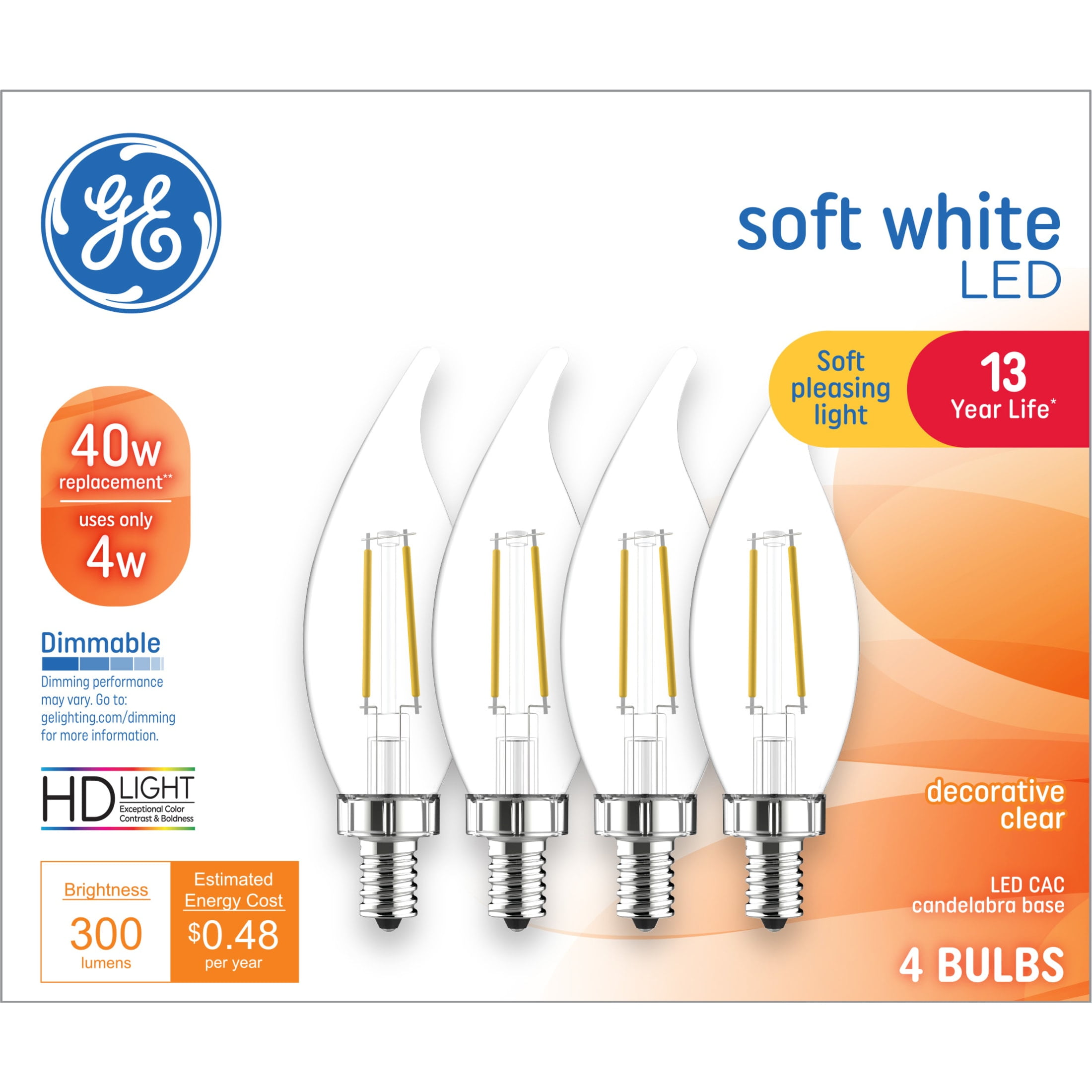 GE Basic LED 40 Watt Replacement, Soft White, CA11 Deco Candle Bulbs