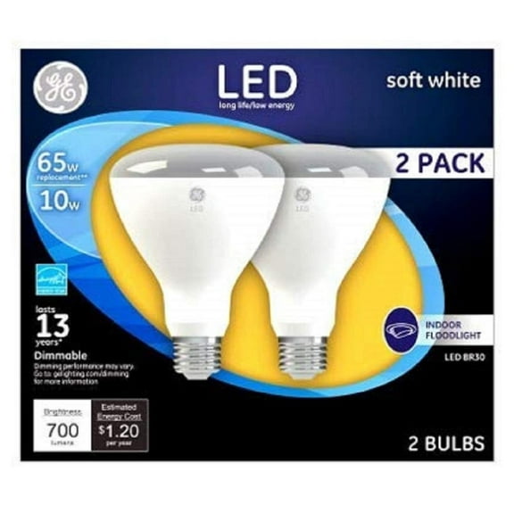 GE Basic Led Dimmable Indoor Flood Light Bulbs, Br30, 8 W, Soft White (Pack of 2)