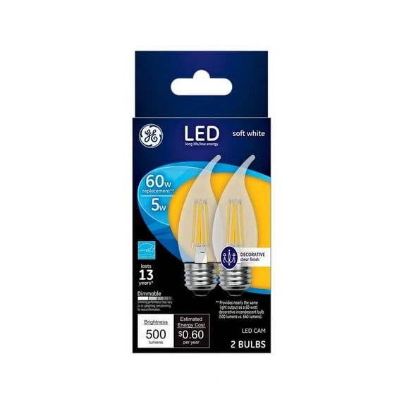GE C10 E12 (Candelabra) LED Bulb Soft White 60 Watt Equivalence 2 pk