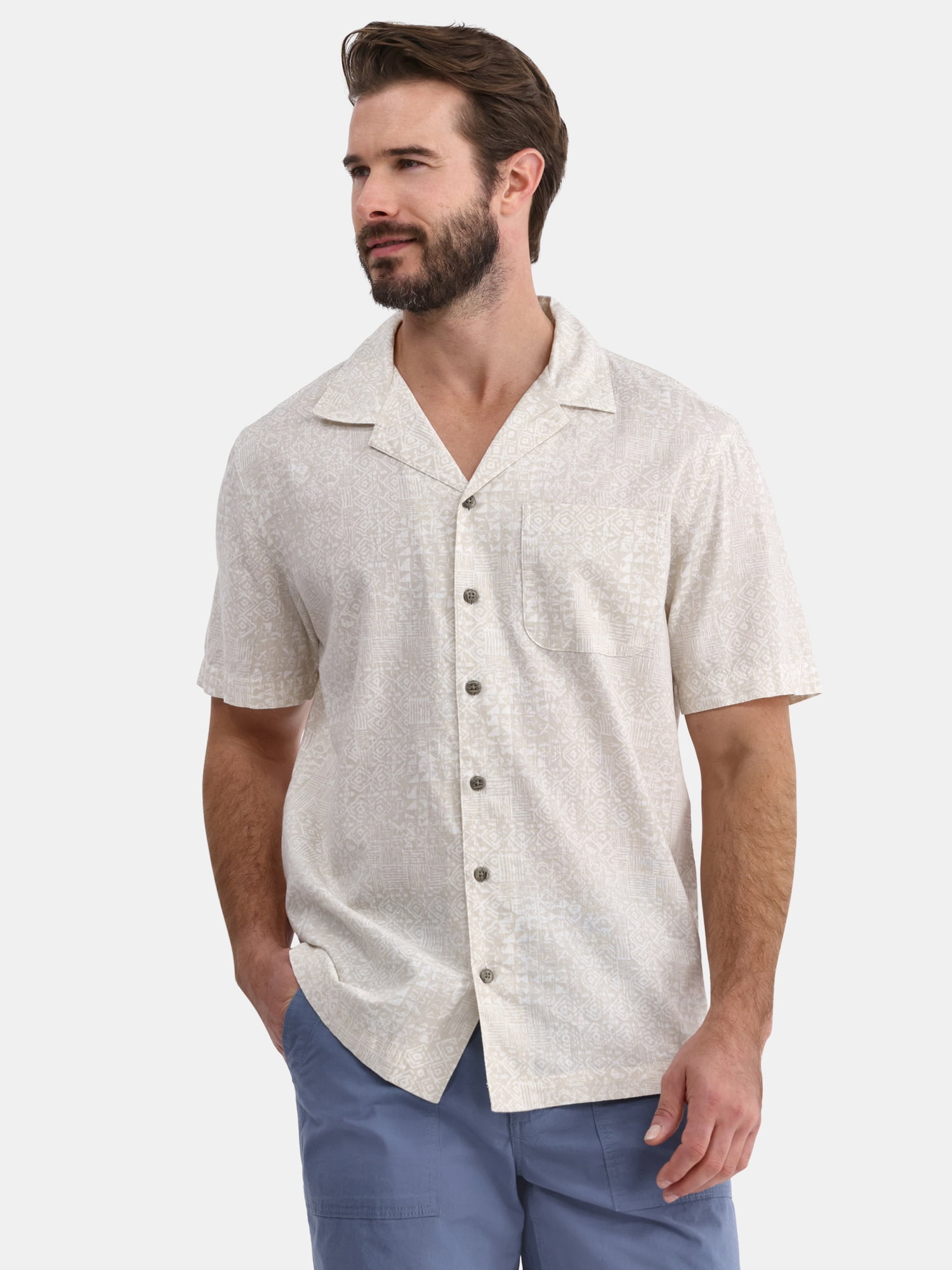 HA Mens Textured Camp Shirt – Short Sleeve Rayon Blend Wrinkle-Resistant Shirt, Creme, 2XL