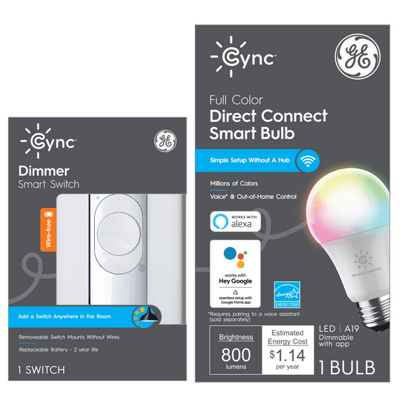 GE CYNC Smart Color Changing Light Bulb and Smart Wire-Free Dimmer Switch Bundle, Alexa and Google Home Compatible, Bluetooth and Wi-Fi Enabled (1 Pack)
