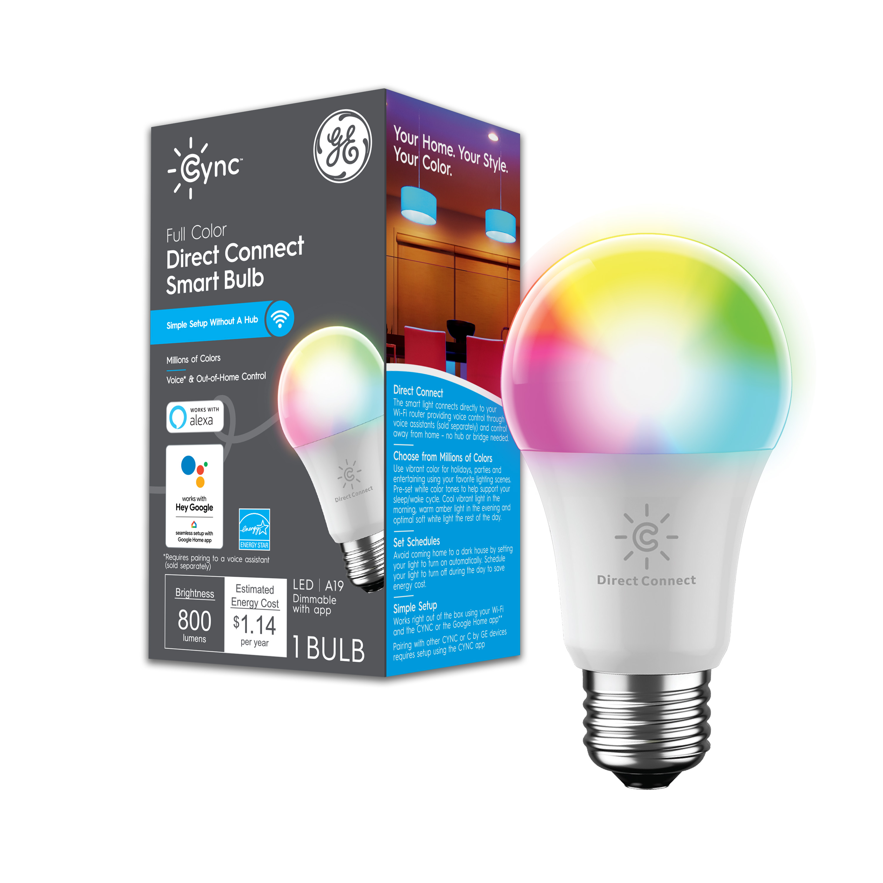 GE LED+ Color Changing LED Light Bulb, Multicolor A19 Bulb, 9.5 Watts